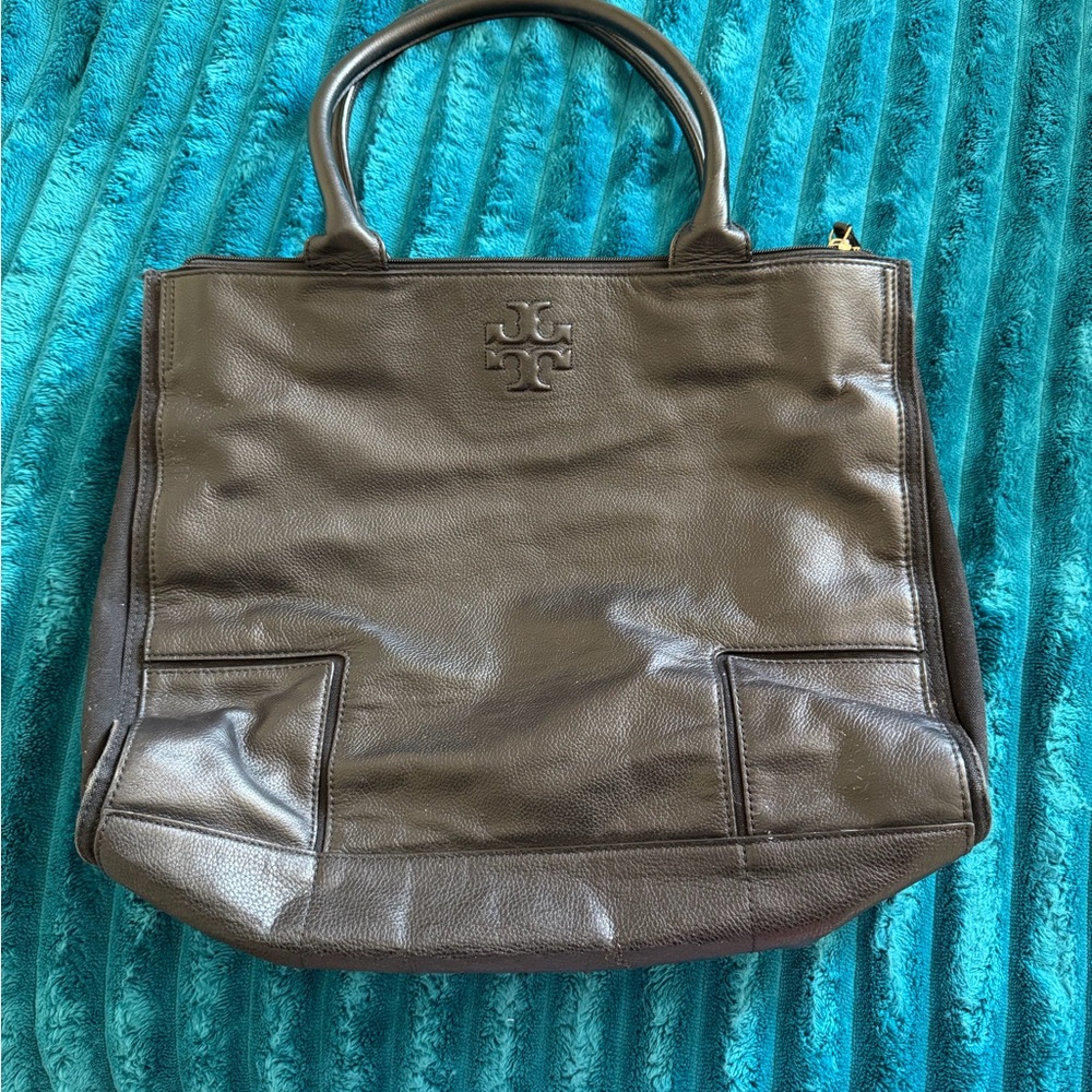 Tory Burch black canvas and Leather Tote